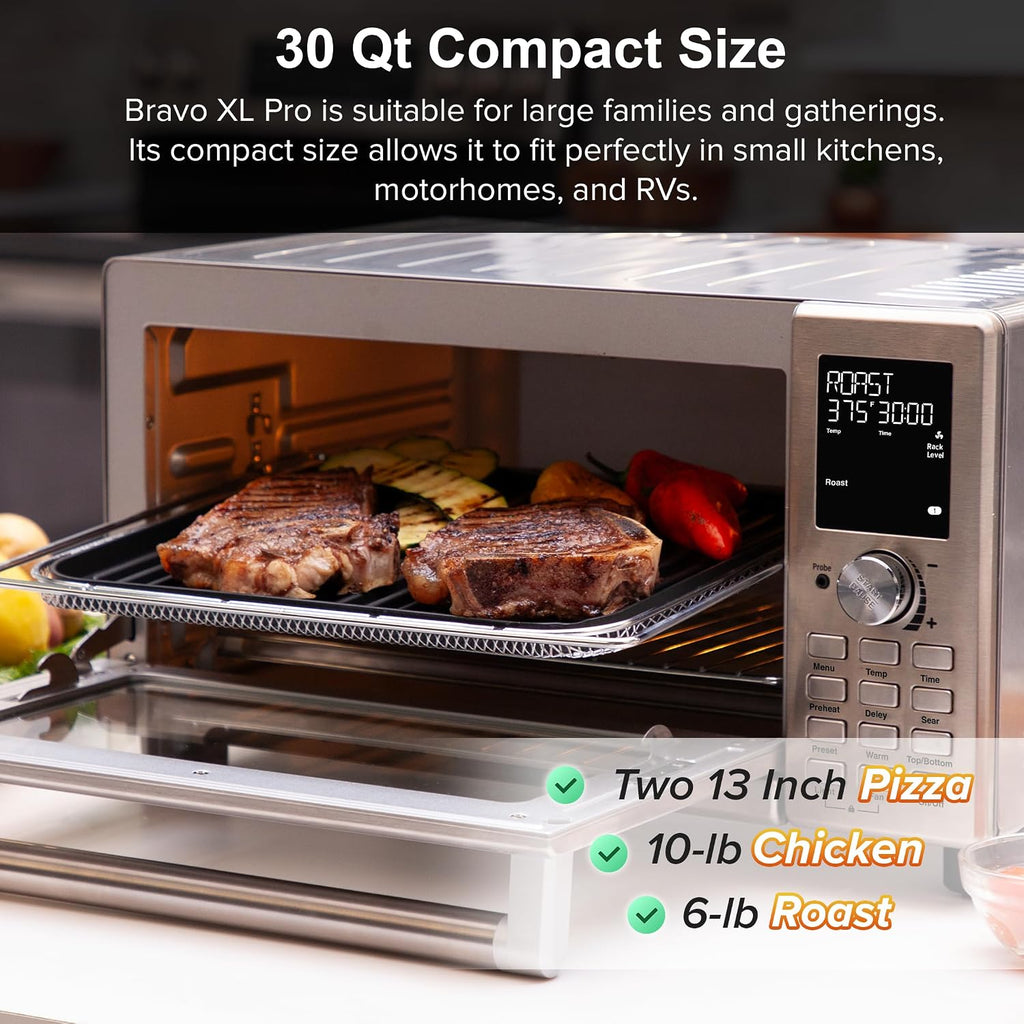 Nuwave Bravo Pro Countertop Convection Oven, 90% Less Oil, multi-Layer Cooking, Cool White Display, Integrated Probe, Improved 100% Convection, 30QT, PFAS Free (Bravo XL Pro)