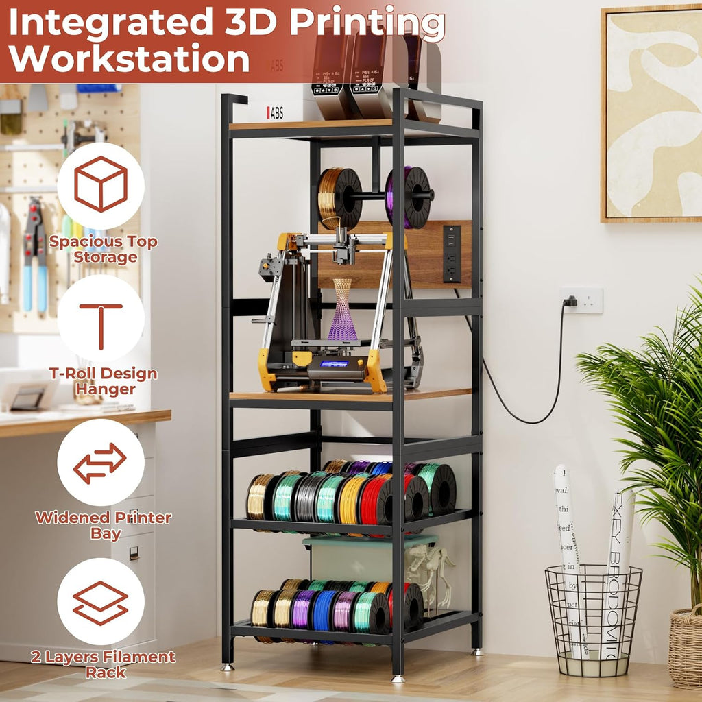 3D Printer Stand with Filament Storage, Heavy-Duty Metal Frame, T-Type Filament Holder, Built-in Power Panel, Open Frame Printer Workstation for Home & Workshop