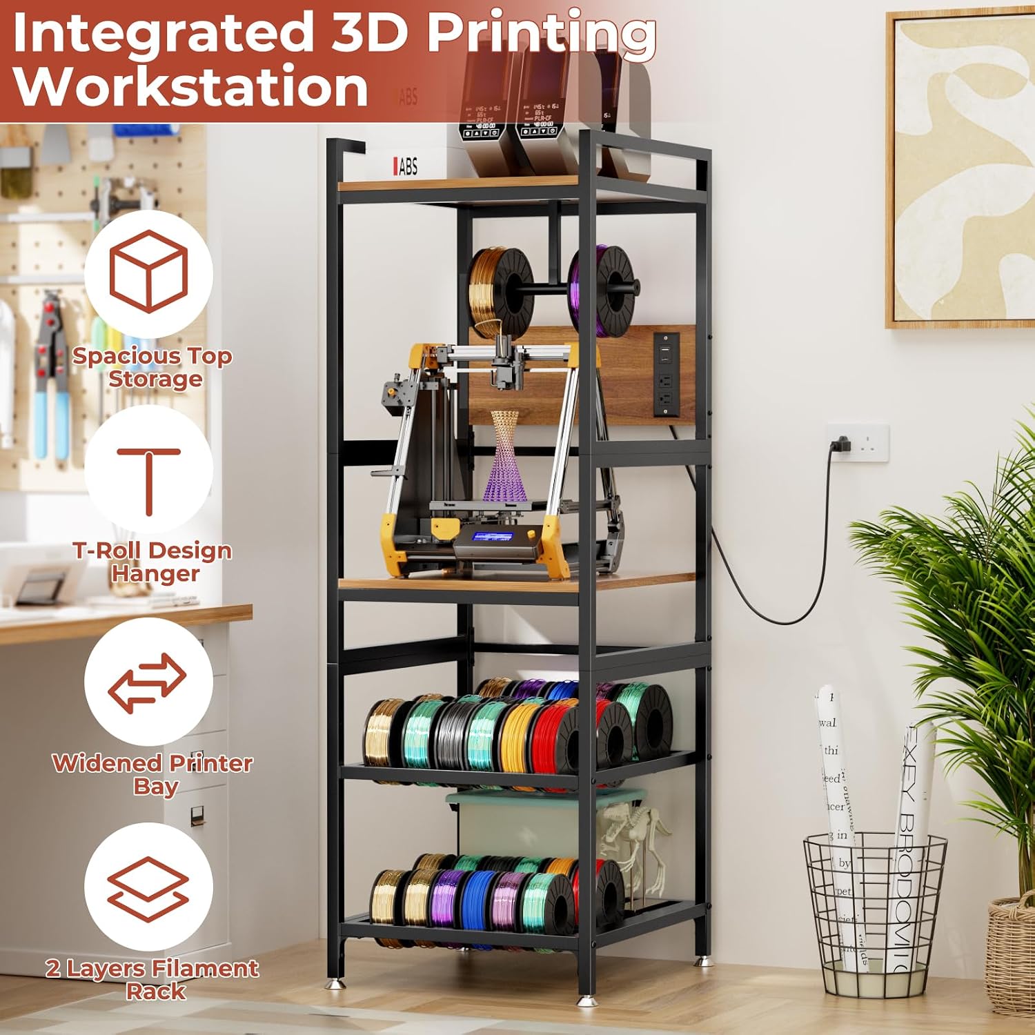 3D Printer Stand with Filament Storage, Heavy-Duty Metal Frame, T-Type Filament Holder, Built-in Power Panel, Open Frame Printer Workstation for Home & Workshop