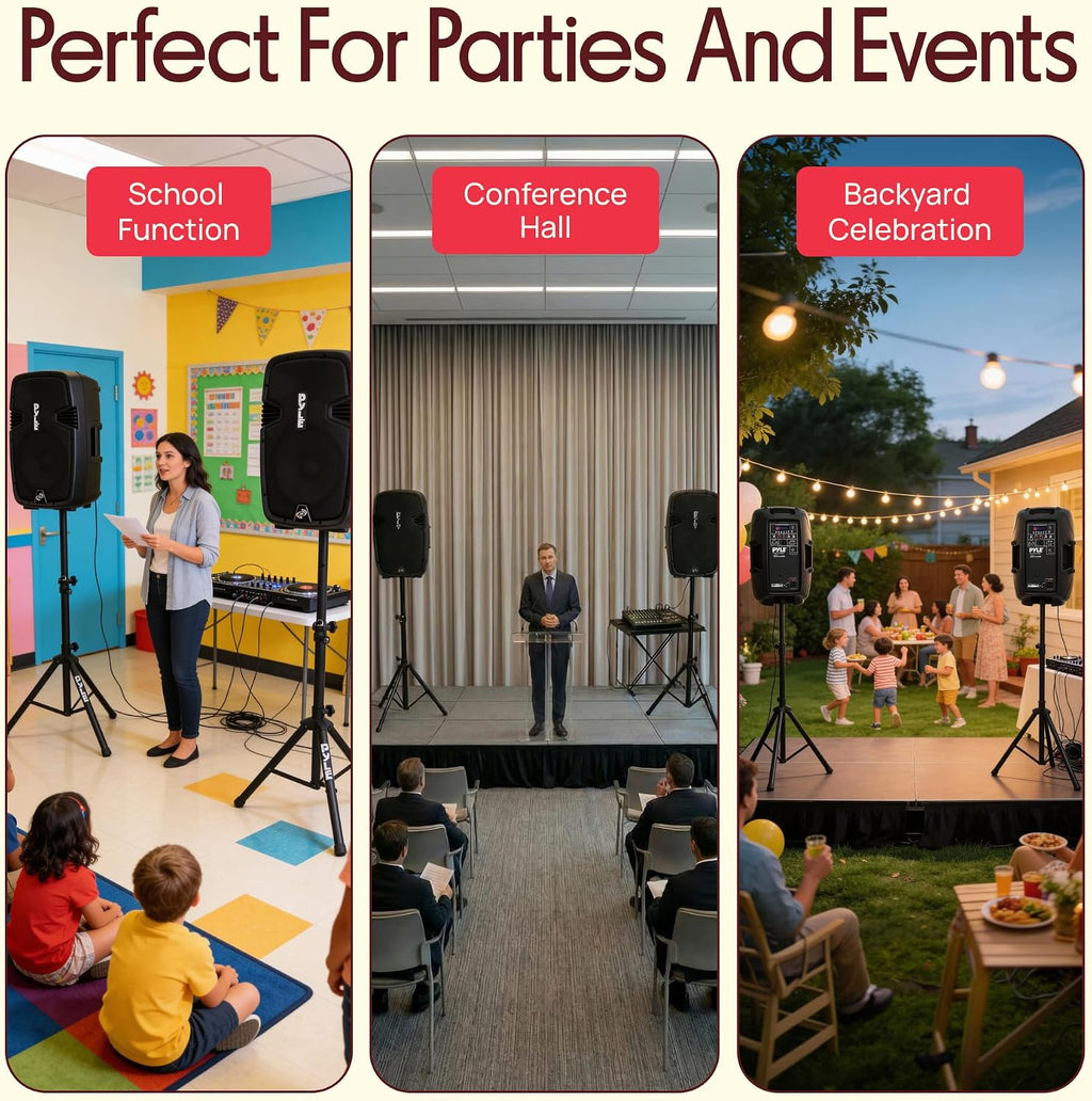 Wireless Portable PA Speaker System - 1800W High Powered Bluetooth Compatible Active + Passive Pair Outdoor Sound Speakers w/ USB SD MP3 AUX - 35mm Mount, 2 Stand, Microphone, Remote - Pyle PPHP1249KT