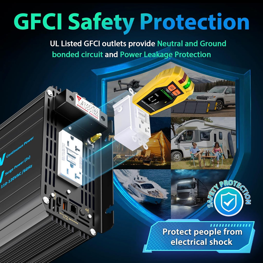 3000 Watt Power Inverter Pure Sine Wave with 6100Watt Surge for 2S 12V DC to 120V AC Converter,UL Listed GFCI outlets, Lithium Battery Compatible for RVs,Off-Grid Solar Power Inverter by GIANDEL