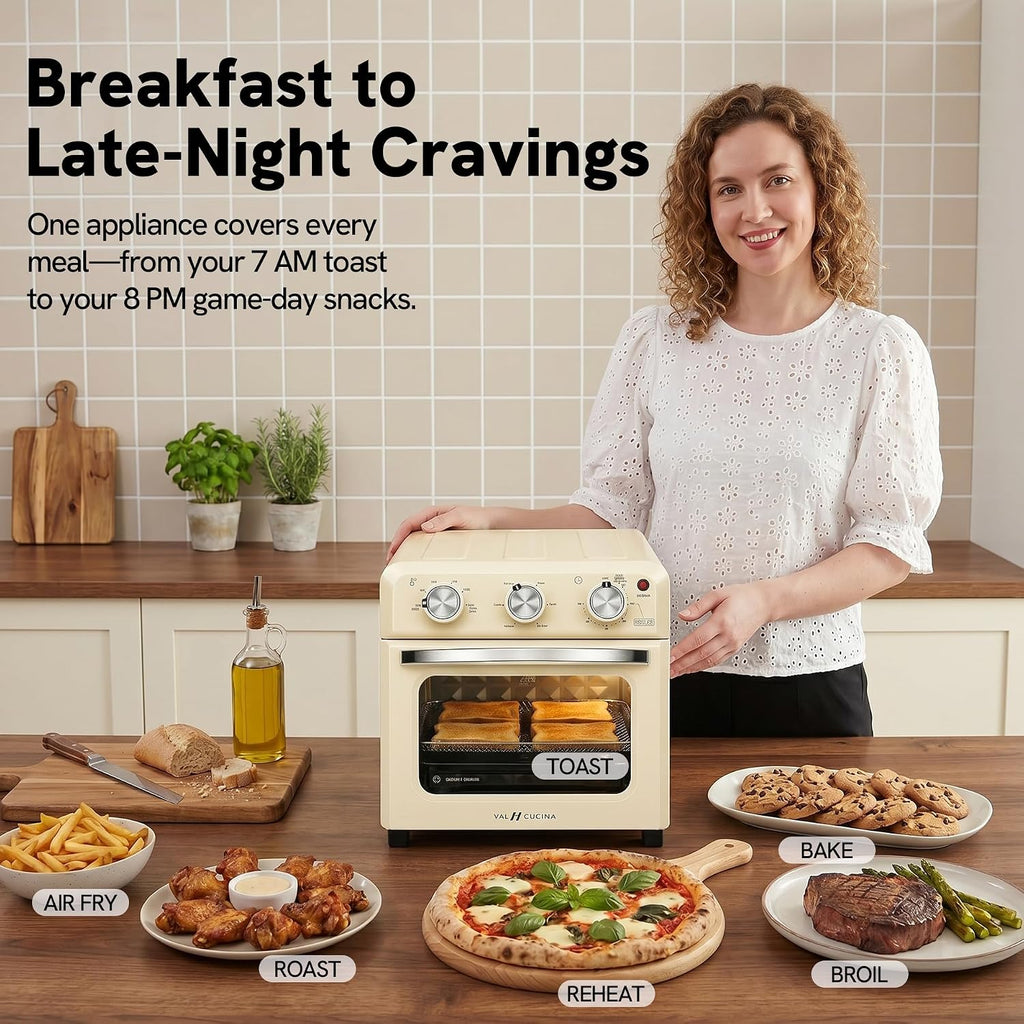 VAL CUCINA 6-in-1 Air Fryer Toaster Oven Combo, Compact 12.7 QT Small Countertop Convection Oven, Fits 9' Pizza & 4 Toast, Hexagon Hybrid Heating, Enamel Baking Pan