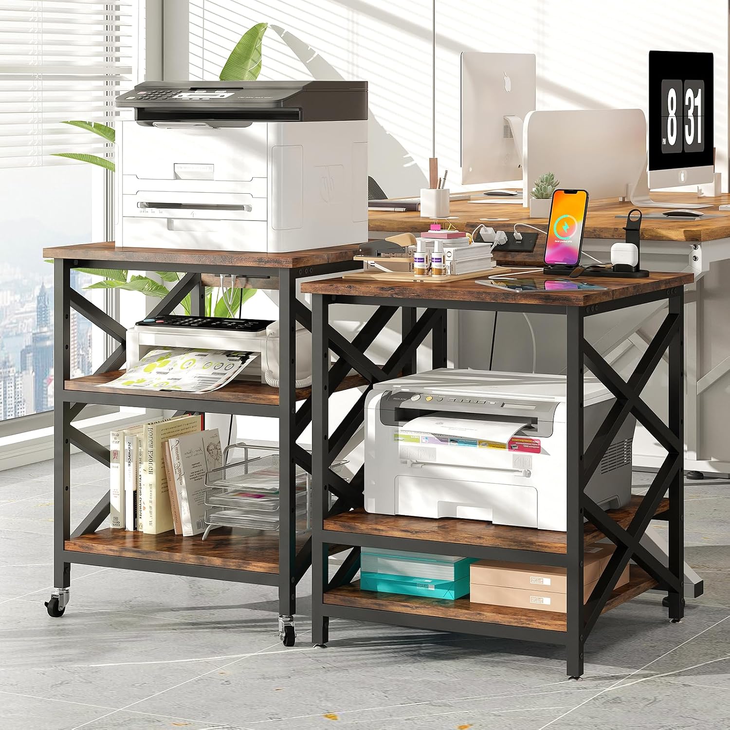METYERRY Large Printer Stand with Power Outlet, with Height Adjustable Storage Shelf, 3 Tier Rolling Printer Cart with Industrial Wheels, 23.6 x 23.6 Inches Printer Table for Home Office, Rustic Brown