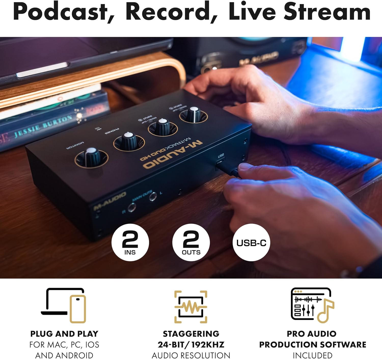 M-AUDIO M-Track Duo HD Audio Interface, M100 Condenser Microphone and HDH41 Studio Monitoring Headphones for Recording, Producers, Content Creators and Podcasters