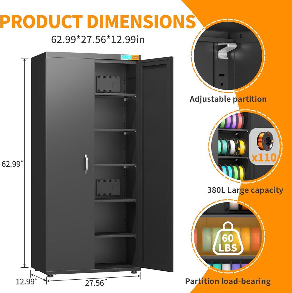 3D Printer Stand 6-Tier 110 Rolls Filament Storage,25% RH Control Filament Dehumidification Cabinet 3D Printing Sealing and Protection for PLA/ABS/TPU/Nylon (Black 380L)