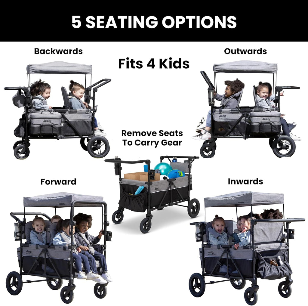Jeep Wrangler Deluxe 4 Seater Stroller Wagon by Delta Children - Premium Quad Stroller Wagon for 4 Kids with Convertible Seats, Adjustable Push/Pull Handles, Removable Canopy & Flat Fold, Grey