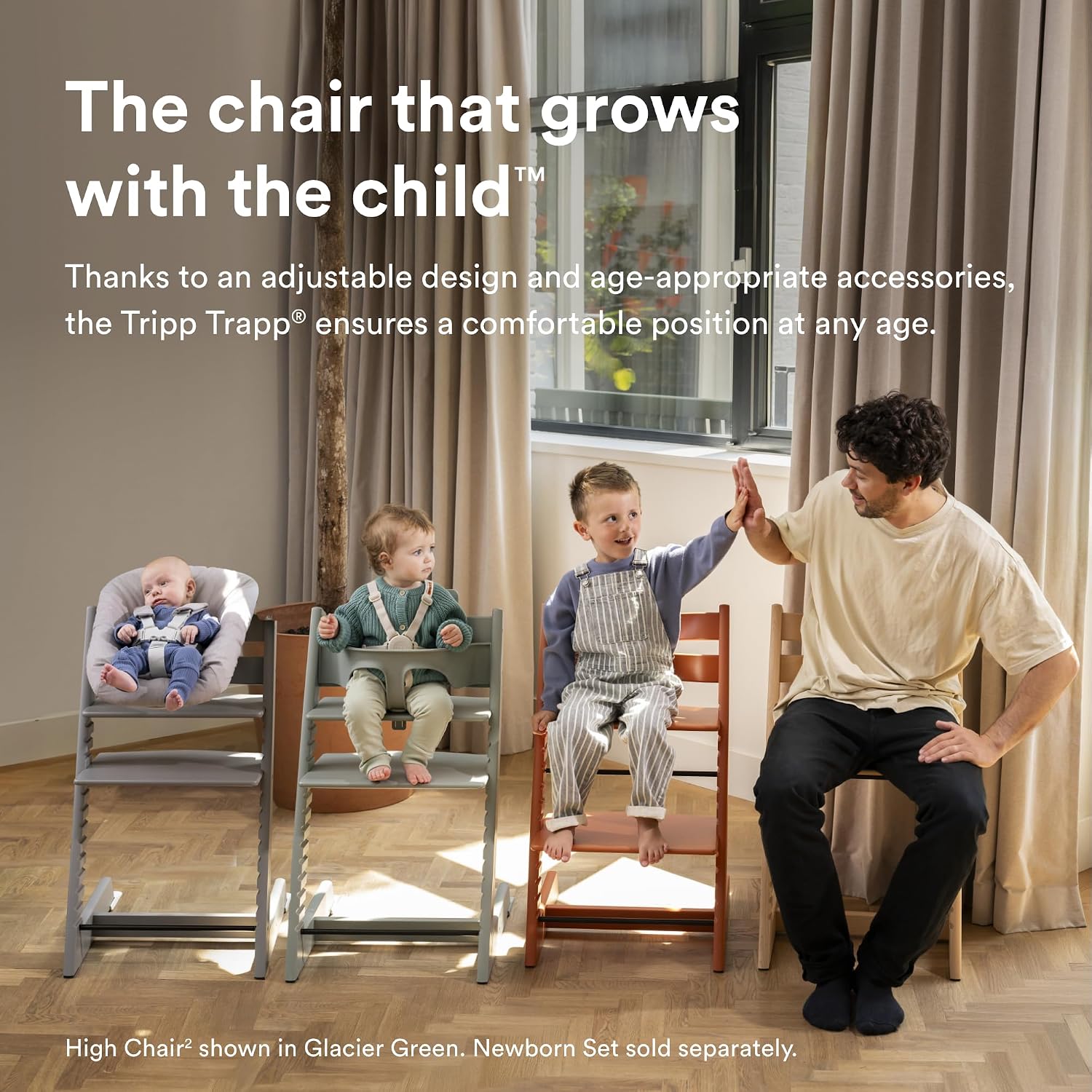 Stokke Tripp Trapp High Chair 2, Natural - Includes Chair + Baby Set with Removable Harness for Children 6-36 Months - Adjustable, Ergonomic & Easy to Clean
