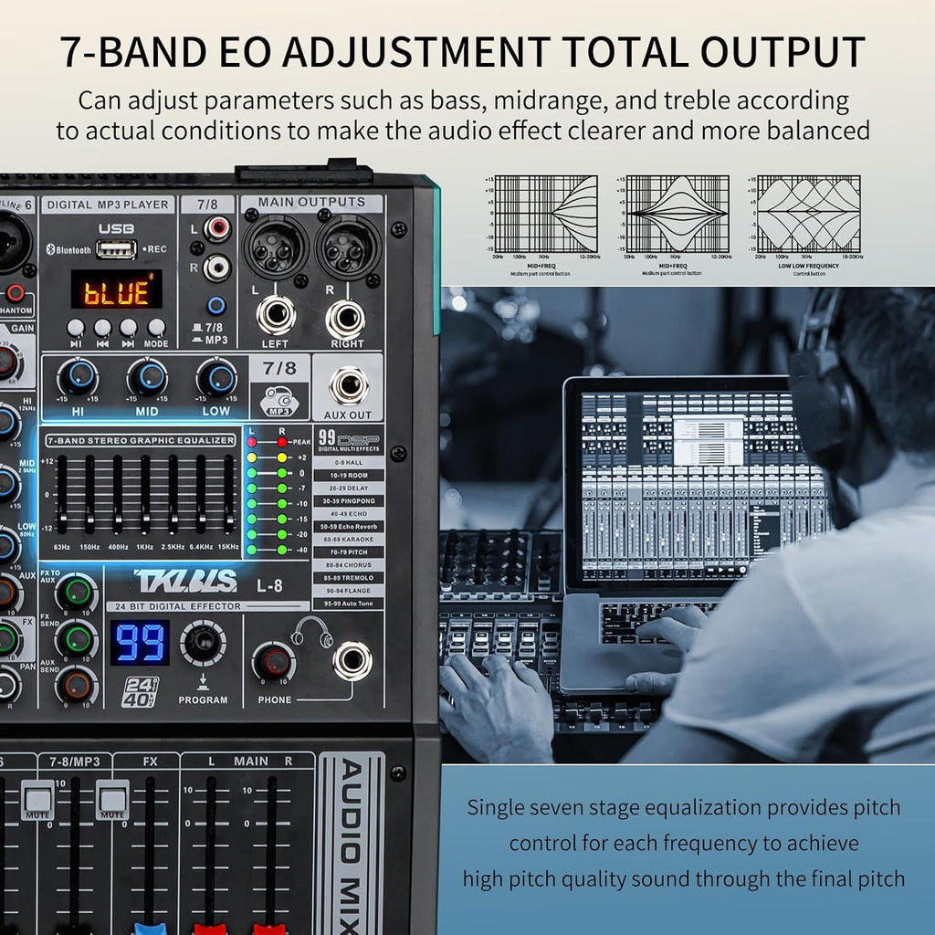 8 Channel Streaming Audio Mixer, Sound Board Mixing Console with USB Interface, 99 DSP Effects, 48V Phantom Power, XLR Inputs for Recording, Content Creation