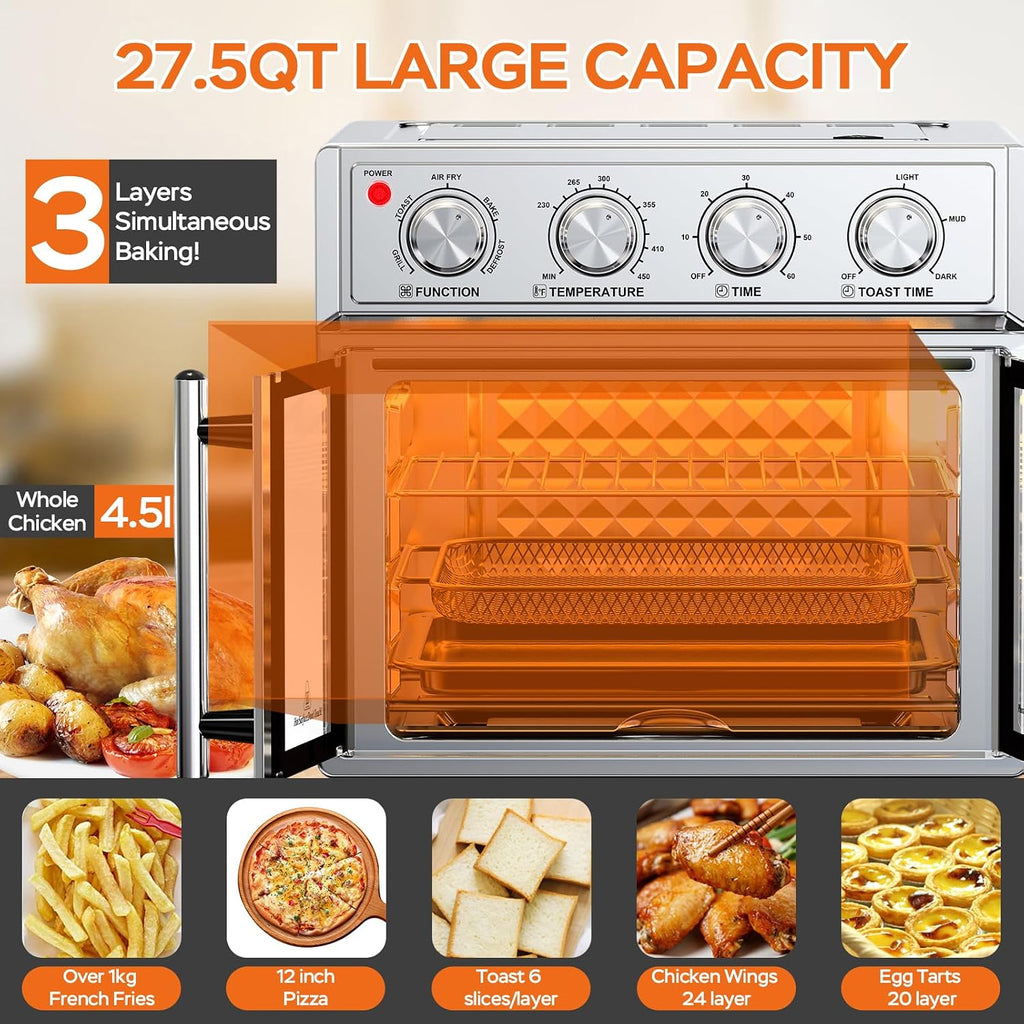 PlumChef 27.5QT Large Capacity Air Fryer Toaster Oven, French Double Door Convection Oven 1700W,7-in-1 Multifunctional with 7 Presets for Bake Roast Grill Toast Dehydrate Defrost, Stainless Steel