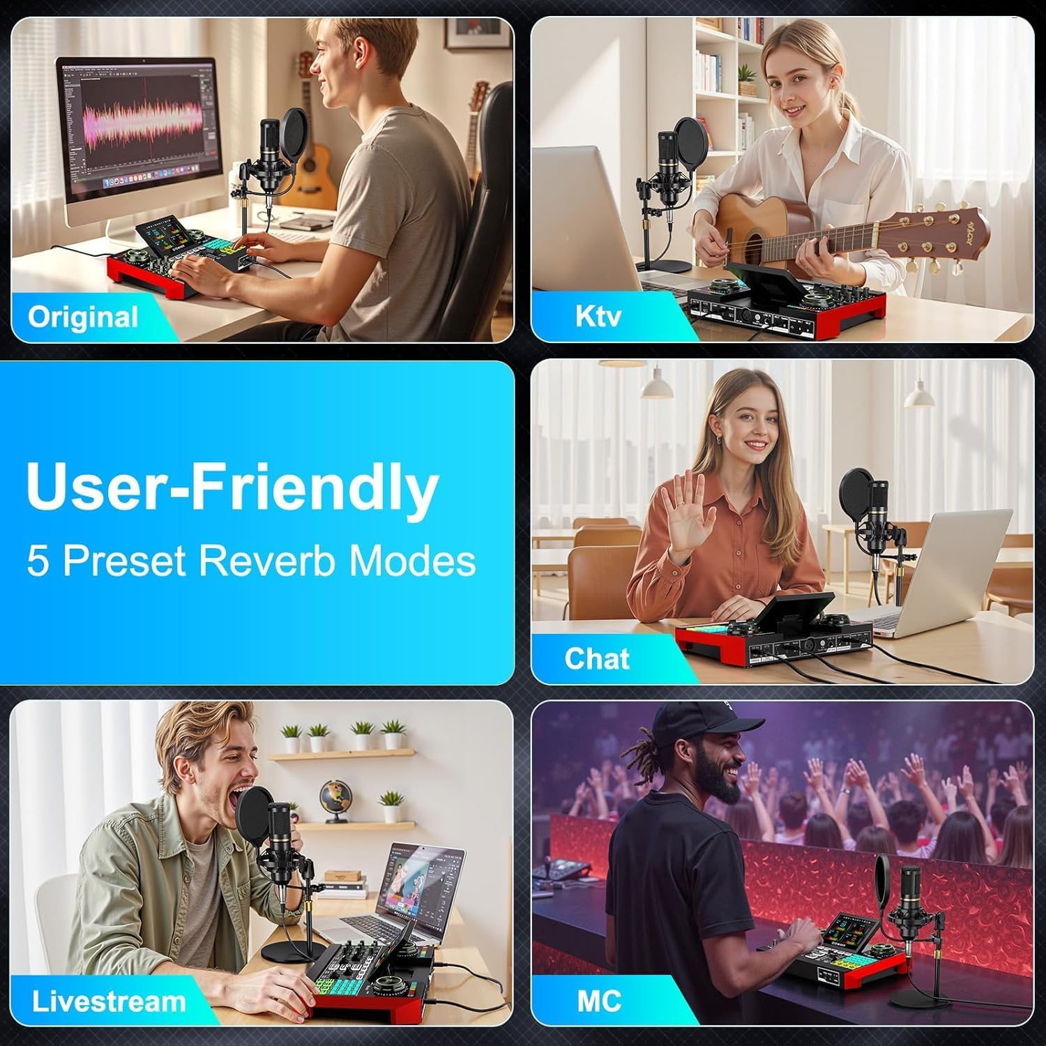 Podcast Microphone Bundle for Live Streaming, Sound Card Audio Interface Mixer w 3.5mm Condenser Mic for Broad Casting with Voice Changer Denoise, Podcast Equipment Bundle for PC/Phone Gaming Singing