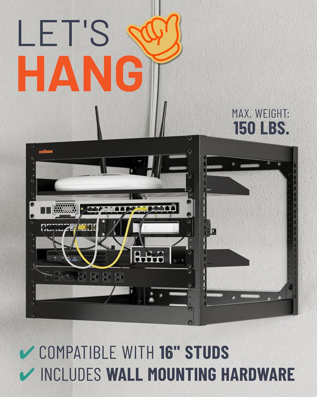 ECHOGEAR 10U Network Rack - Wall Mountable Heavy Duty 4 Post Design Holds All Your Networking & AV Gear - Open Frame Design Includes 2 1U Vented Shelves & Mounting Hardware
