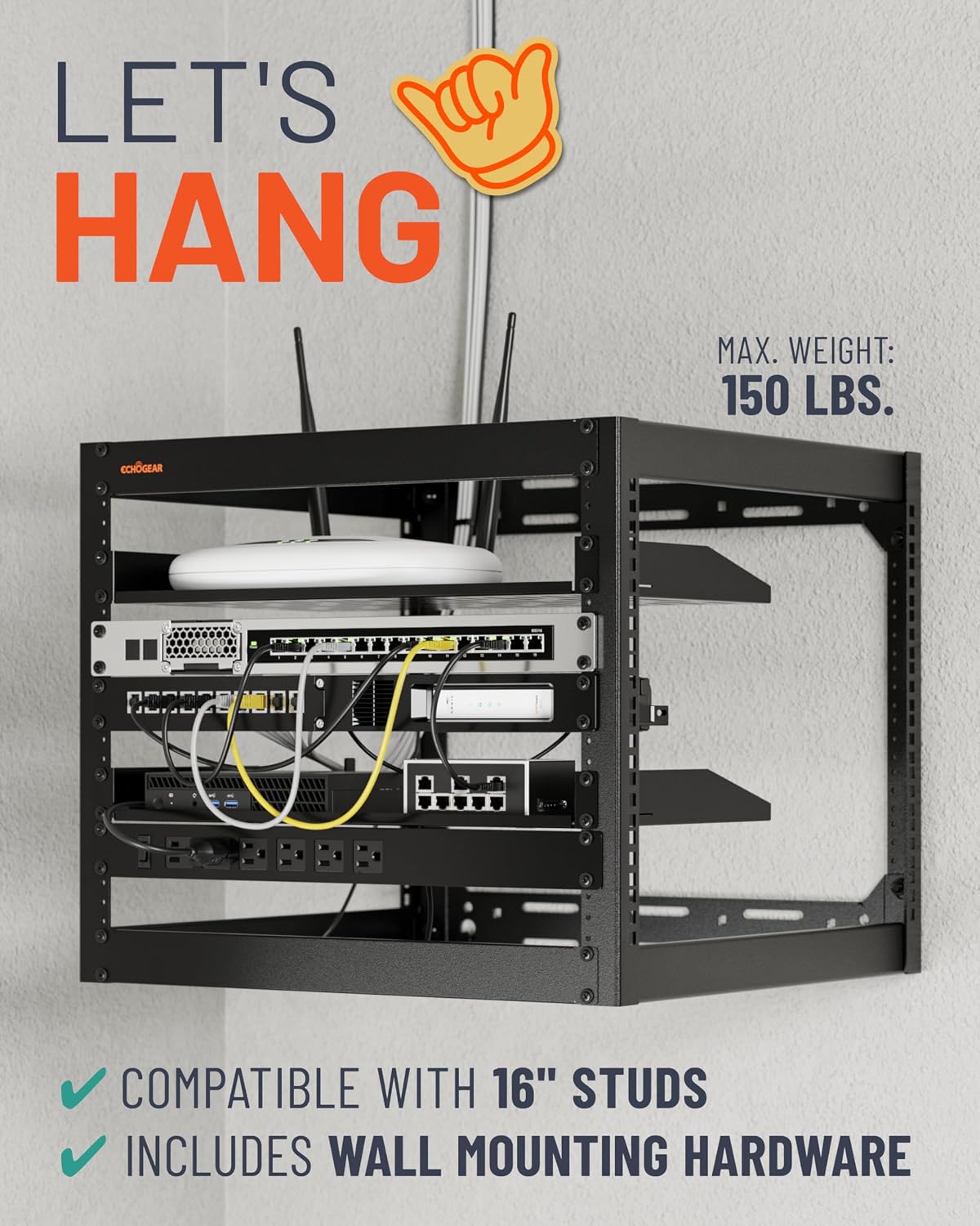 ECHOGEAR 10U Network Rack - Wall Mountable Heavy Duty 4 Post Design Holds All Your Networking & AV Gear - Open Frame Design Includes 2 1U Vented Shelves & Mounting Hardware