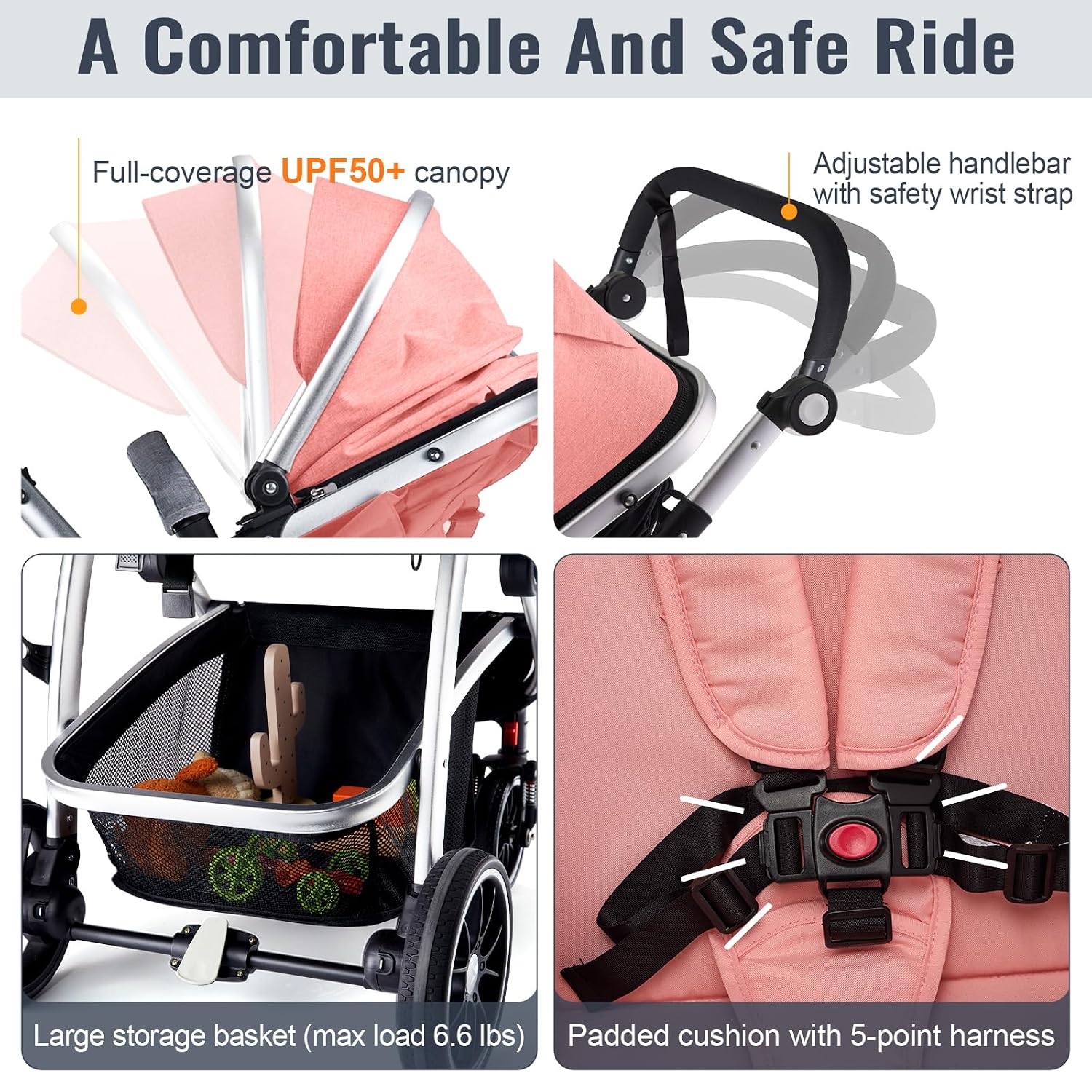Hagaday Baby Stroller, 2-in-1 Reversible Toddler Seat with Bassinet Mode, Foldable Infant Stroller with Canopy, One Button Brake, Adjustable Handle, Newborn Pushchair(Pink)