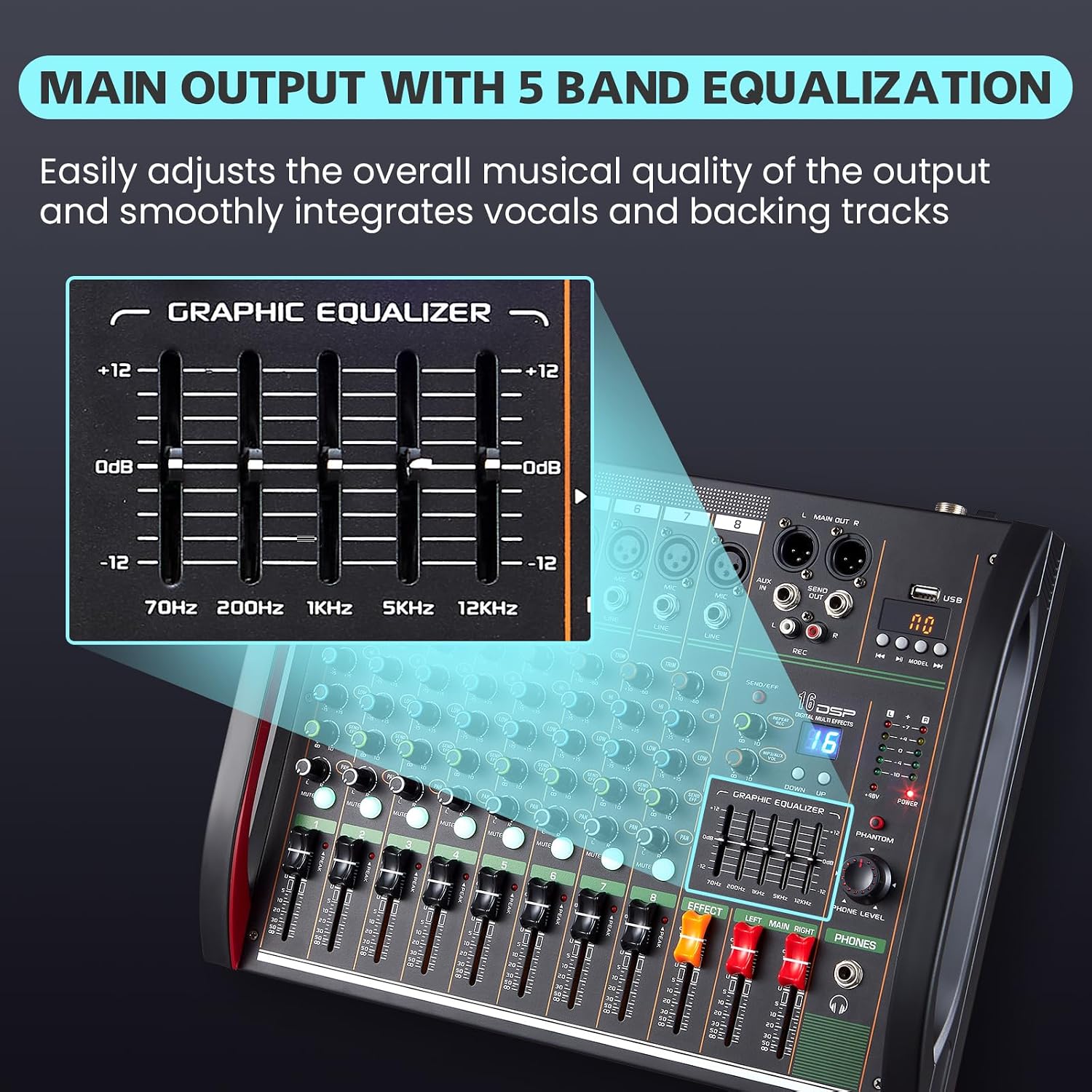 Audio Mixer 8 Channel, Professional Music Sound Mixer Board with 48V Phantom Power, Digital DJ Mixing Console with Reverb USB Port Bluetooth for Recording Karaoke Podcasting