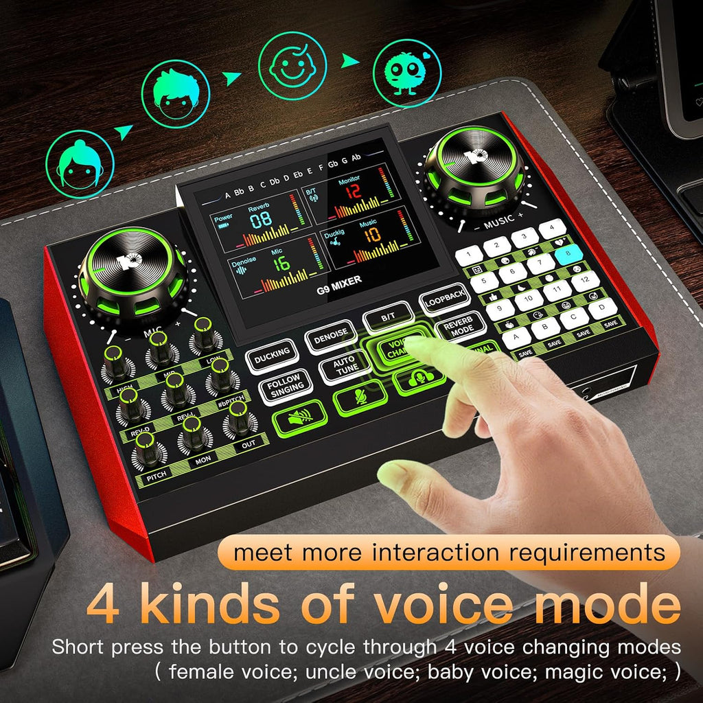 G9 Podcast Microphone Bundle with Live Sound Card Audio Mixer, Podcast Equipment Bundle Sound Board with 3.5mm Condenser Microphone for Pc/Phone Live Streaming Singing Gaming,Voice Changer, Denoise