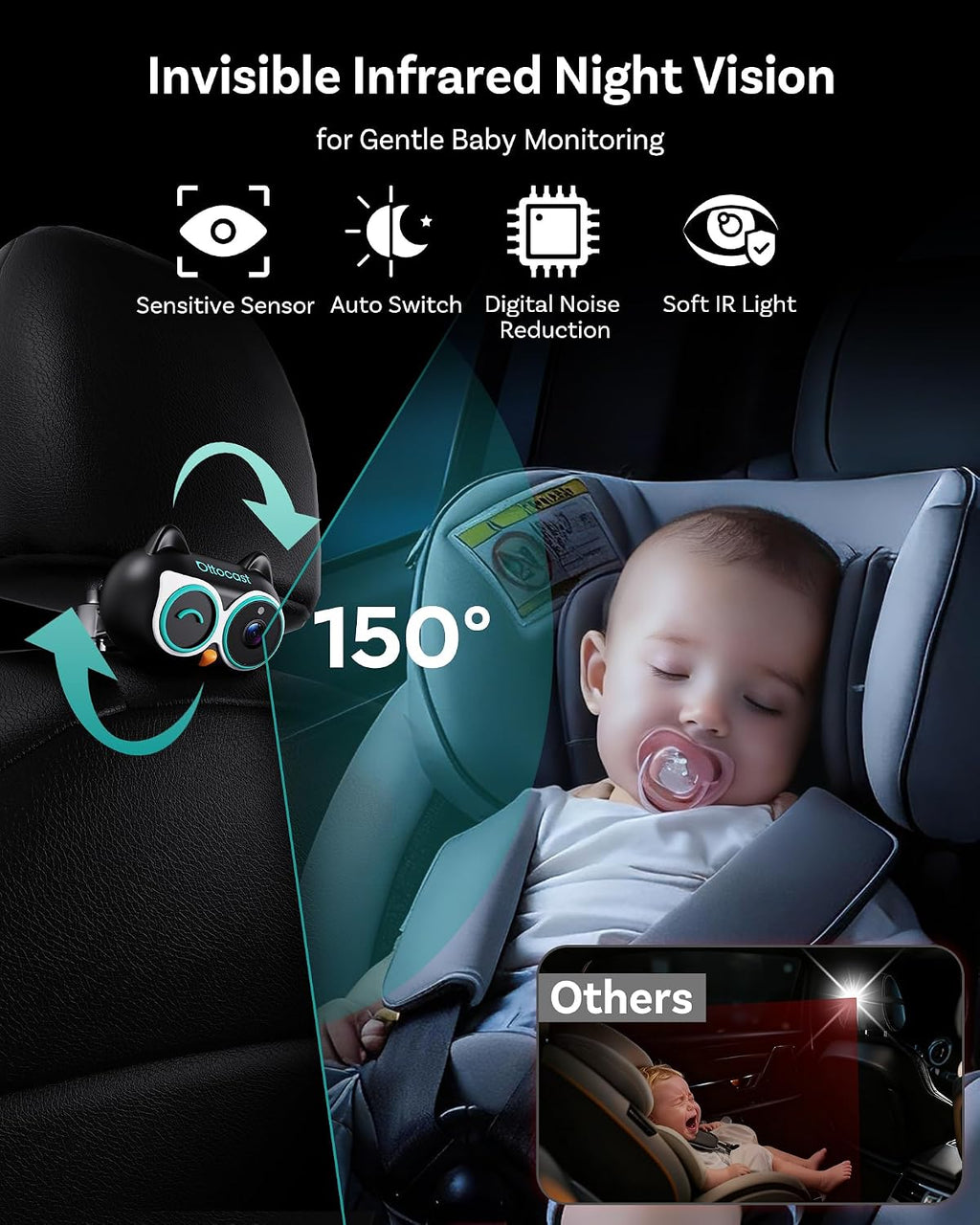 OTTOCAST Cabin Care Car Camera for Baby, Wireless CarPlay Adapter with 1080P Baby Car Camera, HD Night Vision, 150° Wide Angle, Real-Time Rear Seat Monitor, Easy Installation