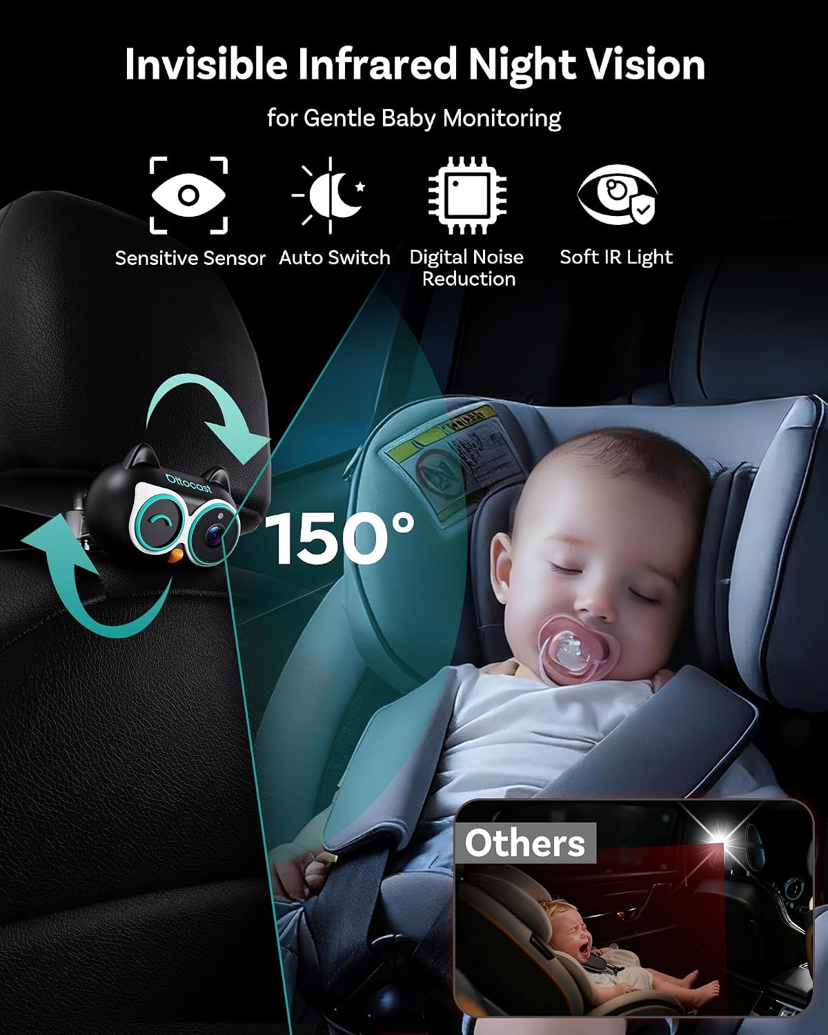 OTTOCAST Cabin Care Car Camera for Baby, Wireless CarPlay Adapter with 1080P Baby Car Camera, HD Night Vision, 150° Wide Angle, Real-Time Rear Seat Monitor, Easy Installation