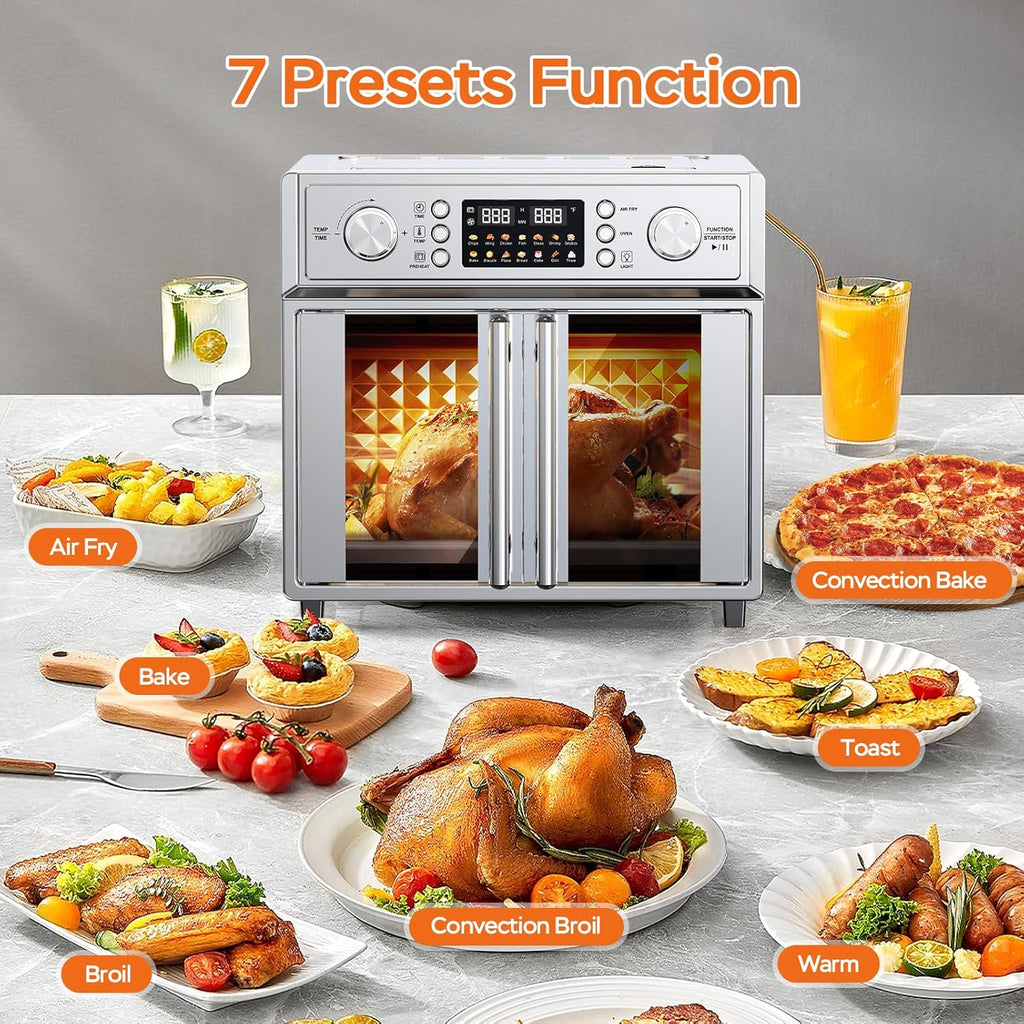 PlumChef 29.5QT Large Capacity French Double-Door Air Fryer Convection Toaster Oven, 1700W, 14 Preset Menus, 7-in-1 Multi-Function (Bake, Roast, Gril,Toast,Dehydrate&Defrost), Stainless Steel,silvery