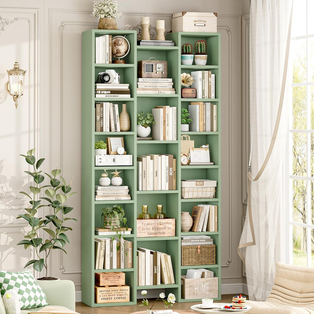 FOTOSOK 71'' Tall Bookshelf with 21 Cubes, 8 Tier Triple Wide Bookshelf with 8 Adjustable Shelves, 35' Large Bookcase DVD/CD Media Tower Storage, Freestanding Display Shelf Cabinet, Green