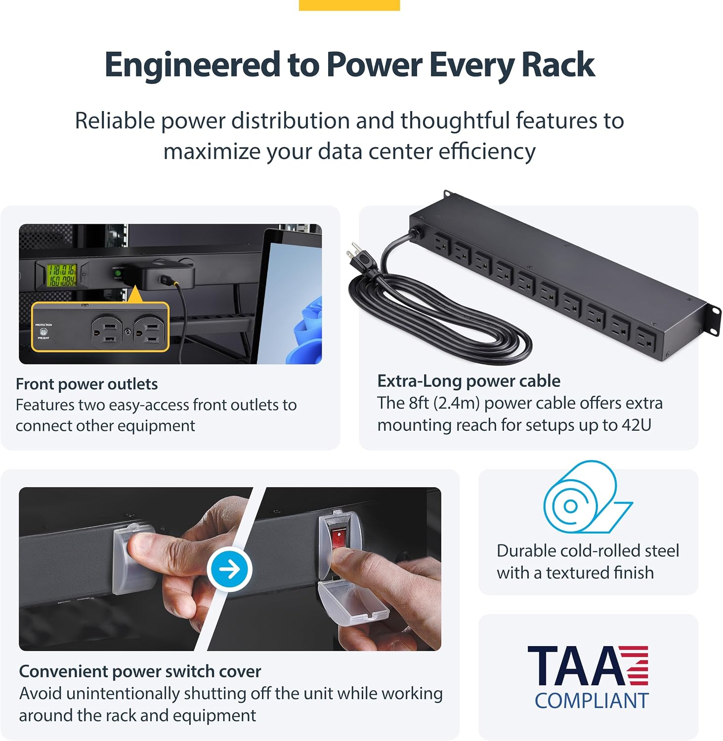 StarTech.com 12-Outlet Horizontal Rack Mount Metered PDU, 1U Server Power Strip w/Surge Protector, 8ft/2.4m Power Cable, TAA