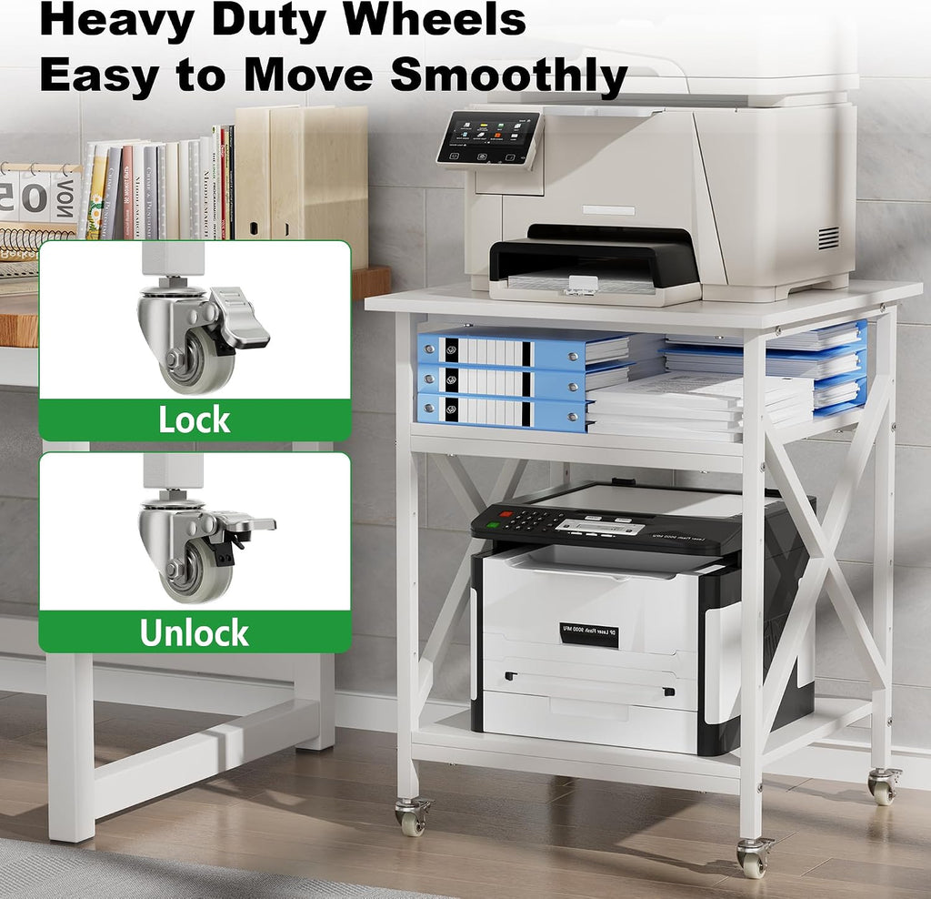 3 Tier Printer Stand, Large Table with Wheels, Rolling Cart with Height Adjustable Middle Storage Shelf, 23.6 x 23.6 x 30.3 Inches Shelf for Home Office, White