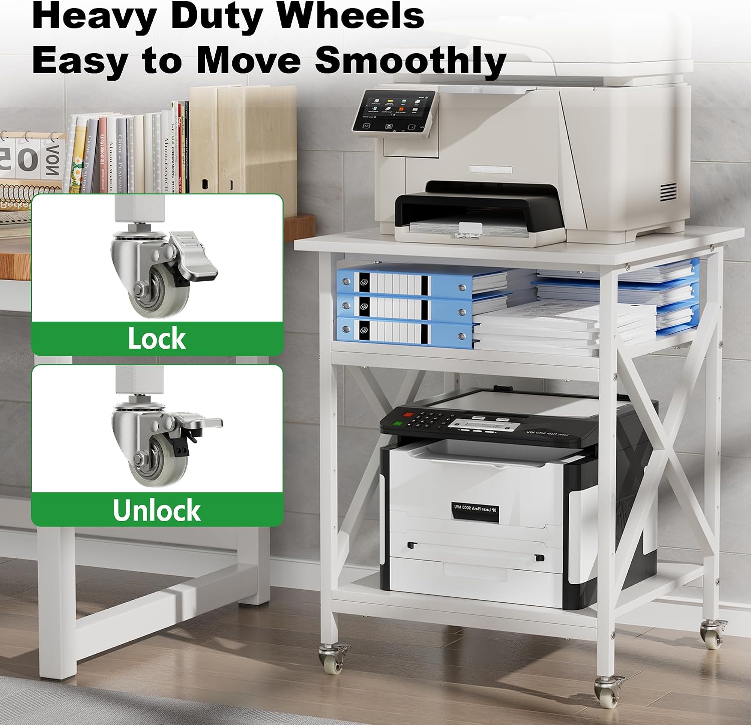 3 Tier Printer Stand, Large Table with Wheels, Rolling Cart with Height Adjustable Middle Storage Shelf, 23.6 x 23.6 x 30.3 Inches Shelf for Home Office, White