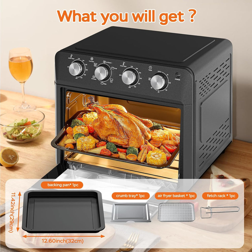 Plum chef 27.5QT 6-in-1 Air Fryer Toaster Oven Extra Large Dropdown-Door 6-Slice Convection Oven for Air Frying, Baking, Roasting, Broiling & Grilling, Stainless Steel Housing, Black