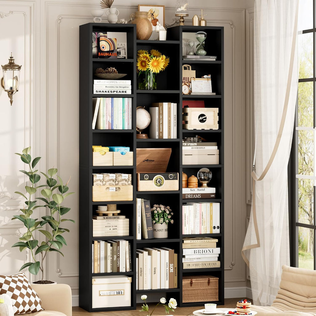 FOTOSOK 71'' Tall Bookshelf with 21 Cubes, 8 Tier Triple Wide Black Bookshelf with 8 Adjustable Shelves, 35' Large Bookcase DVD/CD Media Tower Storage, Freestanding Display Shelf Cabinet, Black