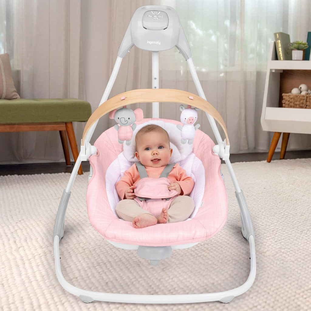 Ingenuity SimpleComfort Compact Baby Swing, Rotating Seat Swings in 3 Directions, 6 Speeds, 8 Melodies & 3 Nature Sounds, Ages 0-9 Months, Up to 20 Pounds - Pink