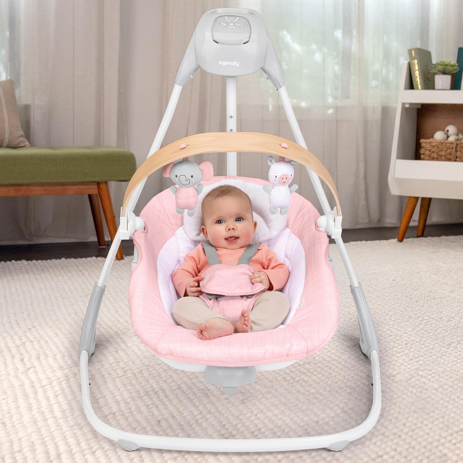 Ingenuity SimpleComfort Compact Baby Swing, Rotating Seat Swings in 3 Directions, 6 Speeds, 8 Melodies & 3 Nature Sounds, Ages 0-9 Months, Up to 20 Pounds - Pink