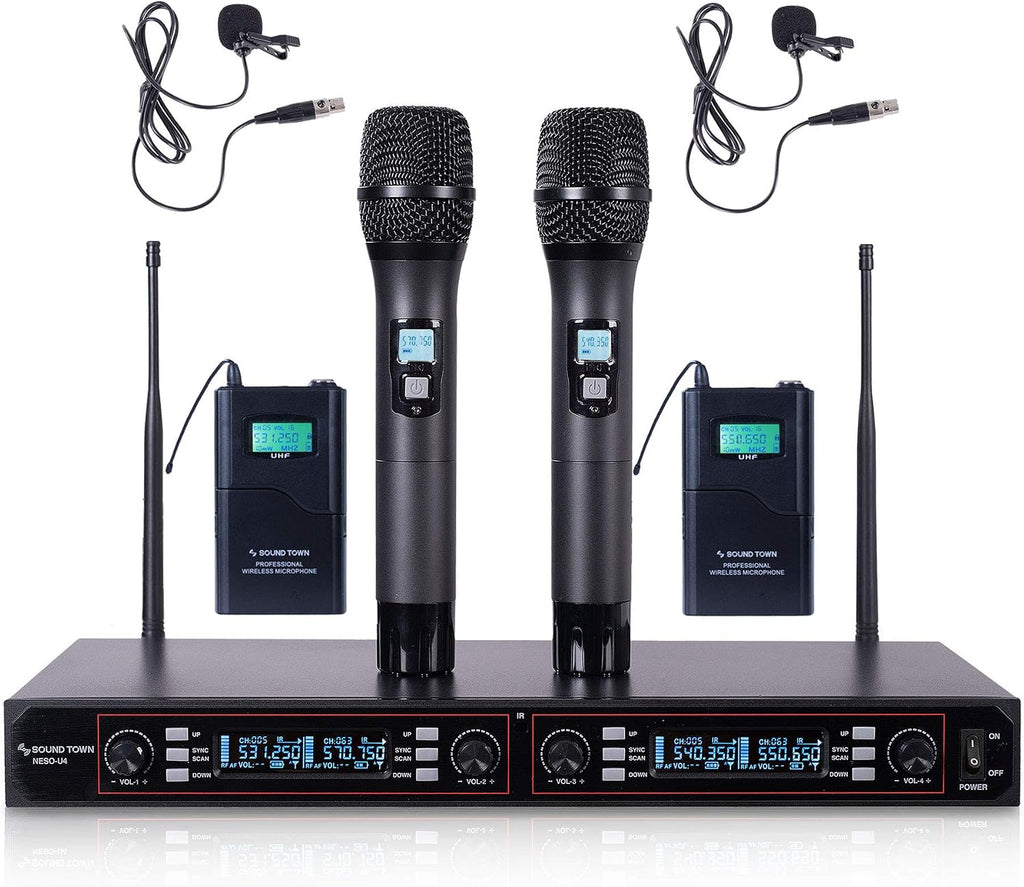 Sound Town 200-Channel Rack Mountable Professional Adjustable UHF Wireless Microphone System with Metal Receiver, 2 Handheld Mic, 2 Lavalier Mic, 2 Bodypack Transmitter (NESO-U4HL)
