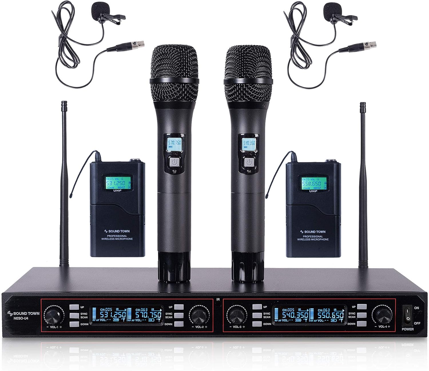 Sound Town 200-Channel Rack Mountable Professional Adjustable UHF Wireless Microphone System with Metal Receiver, 2 Handheld Mic, 2 Lavalier Mic, 2 Bodypack Transmitter (NESO-U4HL)