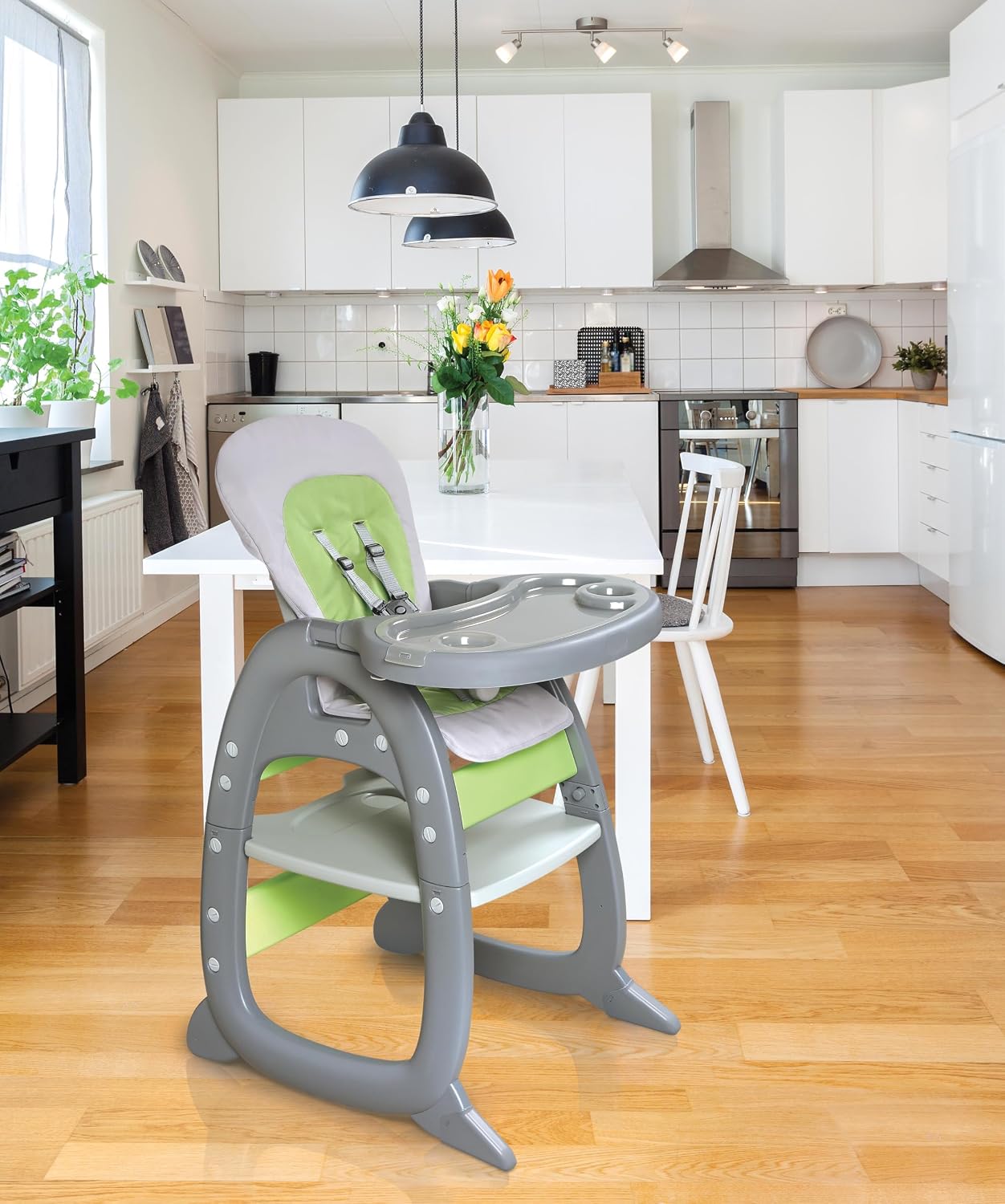 Badger Basket Envee II Convertible Baby High Chair with Infant Feeding Seat, Booster Seat, and Toddler Desk with Chair - Gray/Green