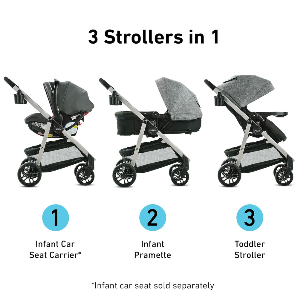 Graco® Modes Pramette Stroller, 3-in-1 Baby Stroller, 3 Modes from Infant Car Seat Carrier, Infant Pramette, to Toddler Stroller, Reversible Seat, One Hand Fold, Extra Storage, Child Tray, Pierce
