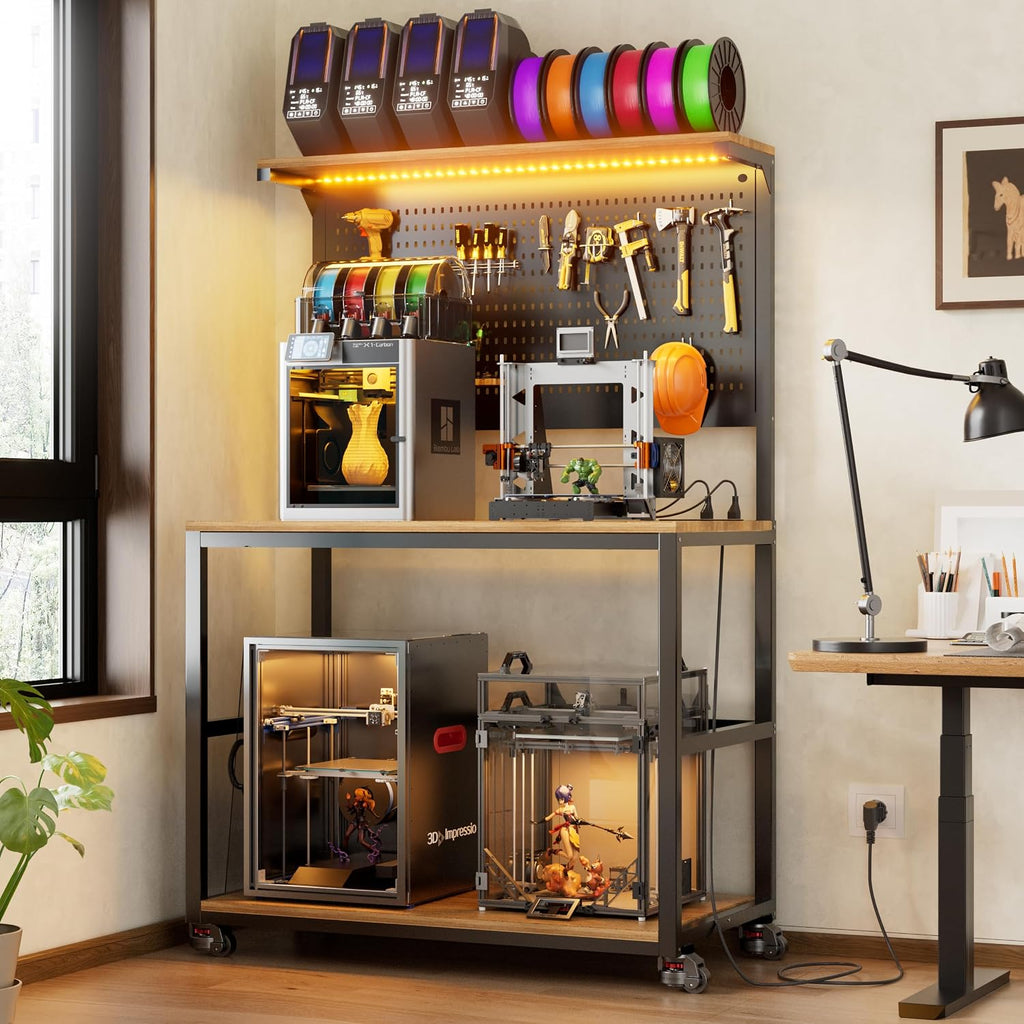 PAKASEPT 3D Printer Stand with Filament Storage Workbench,3D Printer Table with Charging Station & LED Lights,Heavy Duty Rolling Printer Desk with Pegboard for Workshop/Office/Garage