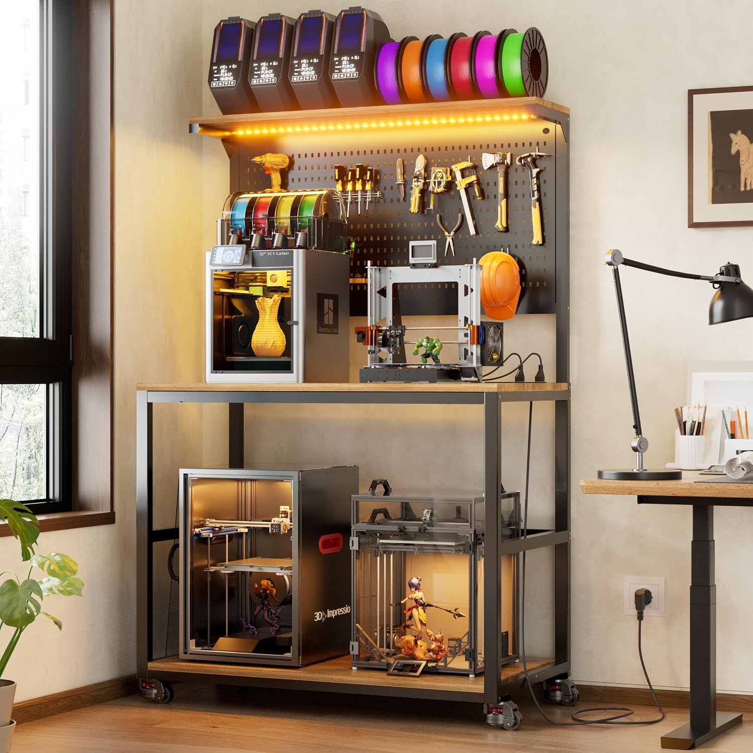 PAKASEPT 3D Printer Stand with Filament Storage Workbench,3D Printer Table with Charging Station & LED Lights,Heavy Duty Rolling Printer Desk with Pegboard for Workshop/Office/Garage