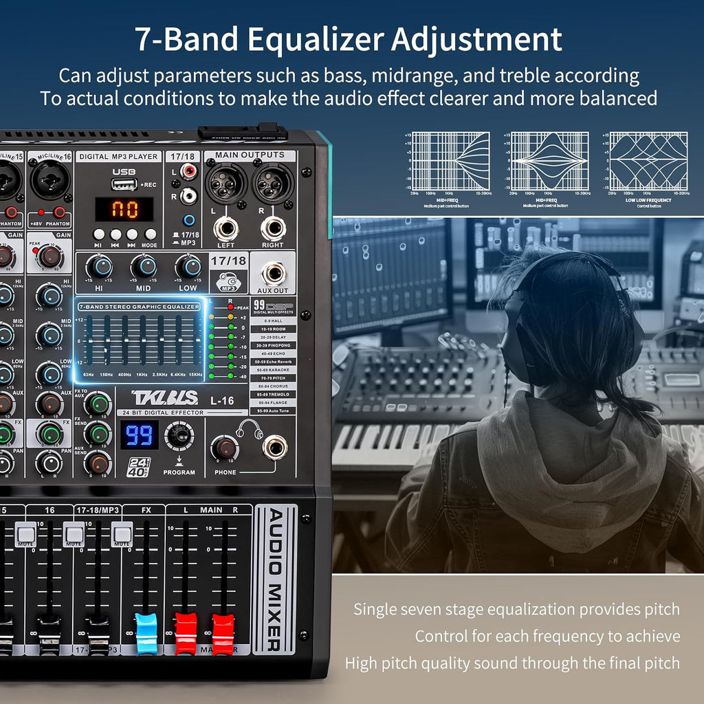 16 Channel Professional Audio Mixer, Mixing Console with USB Interface, 48V Phantom Power, 99 DSP Effects, XLR Inputs, DJ Mixer for Stage, Events