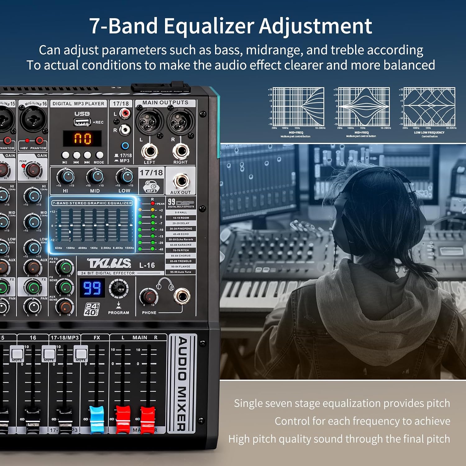 16 Channel Professional Audio Mixer, Mixing Console with USB Interface, 48V Phantom Power, 99 DSP Effects, XLR Inputs, DJ Mixer for Stage, Events