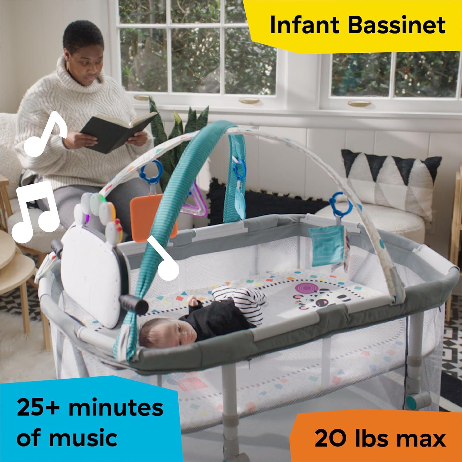 Baby Einstein Kick & Snooze 3-in-1 Foldable Playard, Bassinet and Musical Play Gym, Includes Fitted Sheet, 3-Step Easy Fold, Piano Toy with 25+ Minutes of Music, Grows with Baby, Ages 0 Months and Up