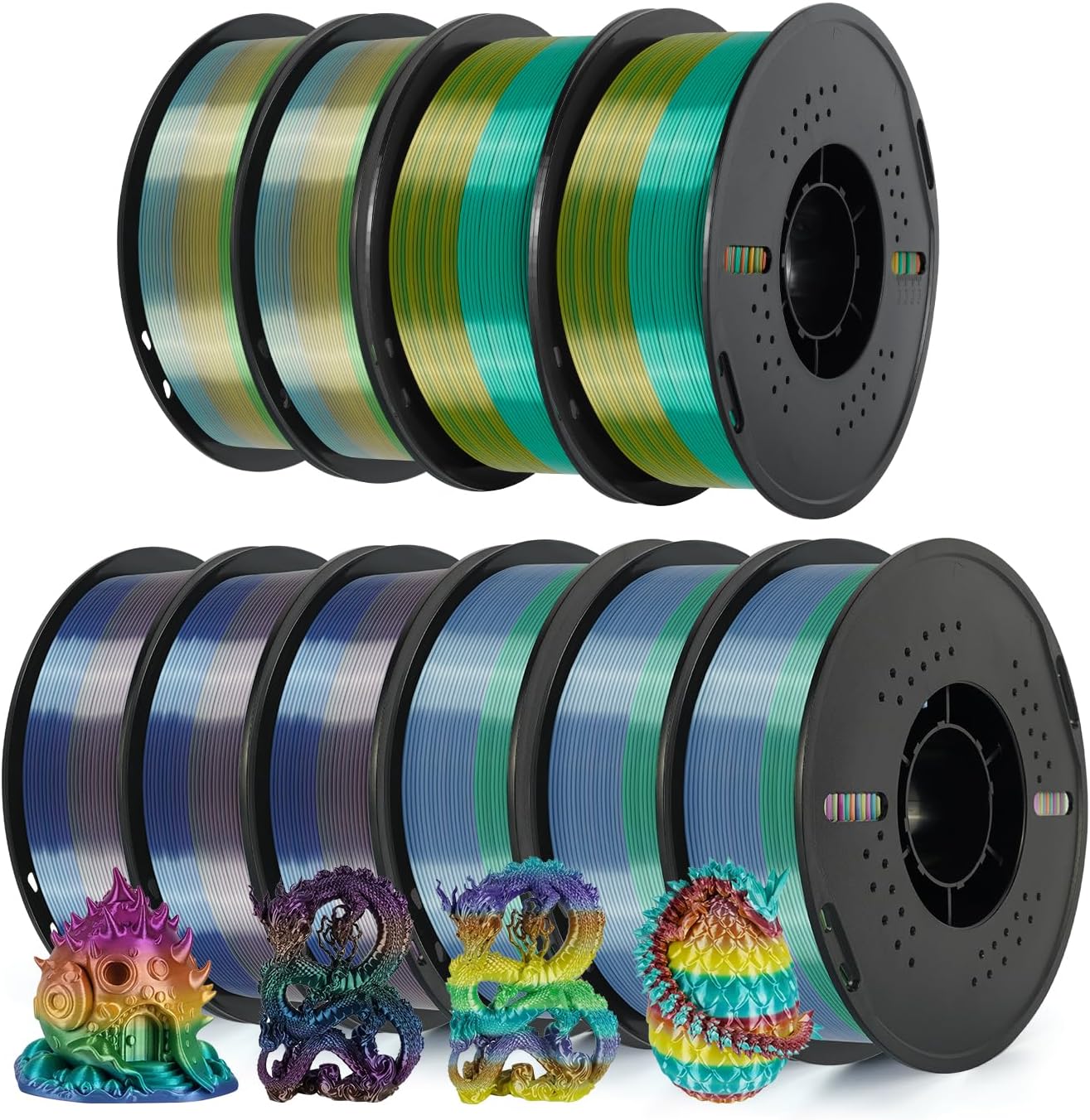 Kingroon 10KG Silk Rainbow PLA Filament Bundle, 1.75mm Multicolor Gradient 3D Printing Filament, 10 x 1KG Spools, Dimensional Accuracy ±0.03mm, No Bubble & Less Warping, Fits Most FDM 3D Printers