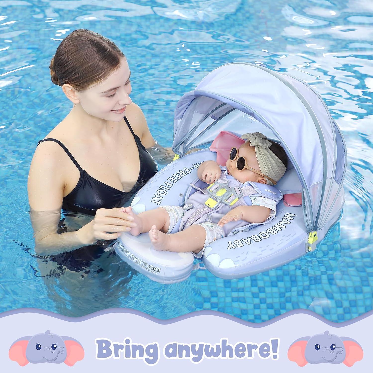 Mambobaby Float Deluxe Baby Pool Float: Safe & Comfortable Swim Trainer for Infants & Toddlers, Non-Inflatable Design, UV Protection Canopy, Fun Water Experience for Ages 3-24 Months
