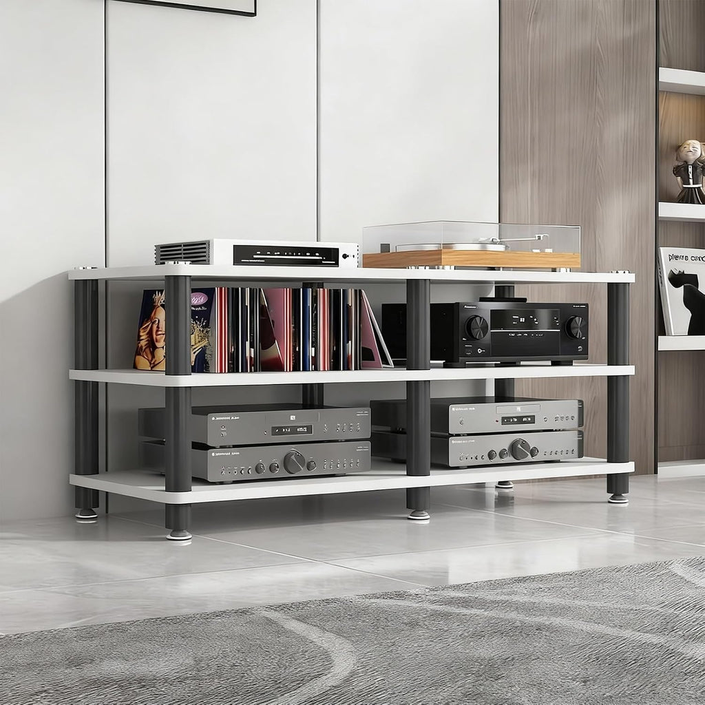 AV Media Stand, Stereo Rack with Thickened Board, Multi-Tier Open Storage Stereo Cabinet, Audio-Video Rack with Metal Tube, Record Player Stand for Theater(White,3 Tier 120x40x55cm)
