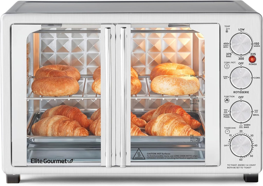 Elite Gourmet ETO4524 45L Countertop Convection Toaster Oven, French Doors, Adjustable Temperature & Timer, Bake, Roast, Broil, Toast, Includes Baking Pan, Rack, Rotisserie, Stainless Steel