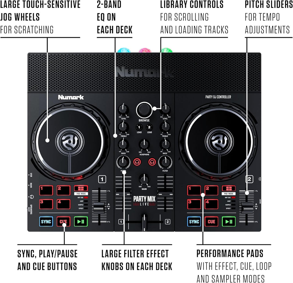 Numark Party Mix Live DJ Controller with Speakers, Lights, 2 Decks, Mixer, Audio Interface and Serato Lite