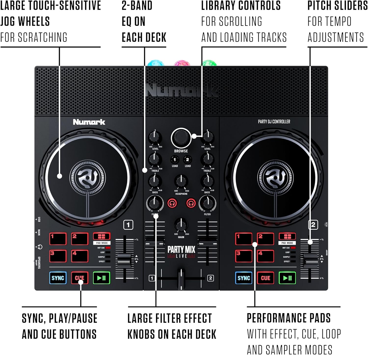 Numark Party Mix Live DJ Controller with Speakers, Lights, 2 Decks, Mixer, Audio Interface and Serato Lite