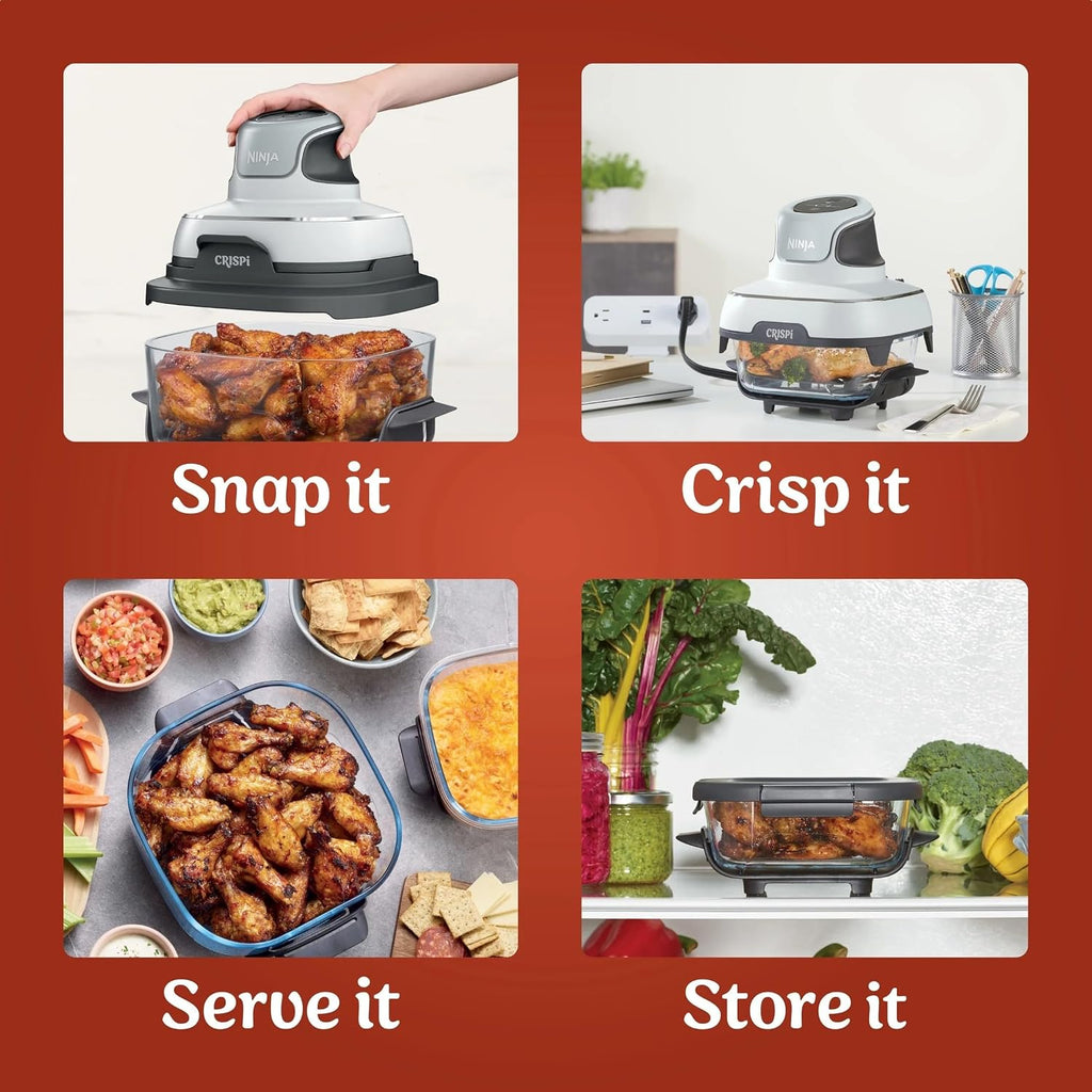 Ninja FN100WH Crispi Air Fryer, Microwave, Freezer & Dishwasher Safe, Non Toxic Glass Portable Cooking System, 4 QT & 5 Cup Glass Containers with Storage Lids, Easy Meals, White (Renewed)