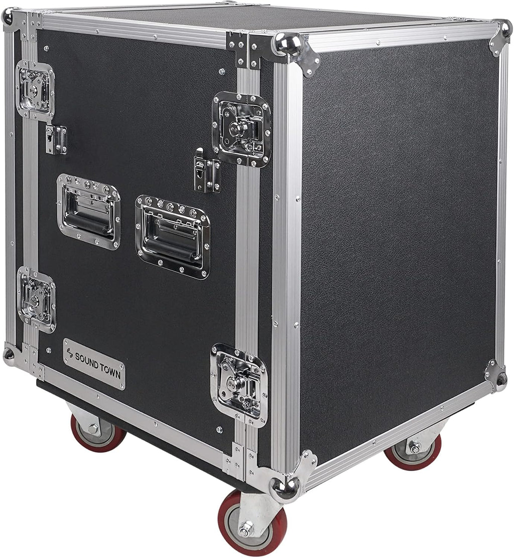 Sound Town PA DJ Combo with Heavy-Duty 1/2' (12mm) Plywood 14U Rack/Road ATA Case w/DJ Work Table, One 10 Outlet AC Power Conditioner/Sequencer (STRC-14TPSA28)