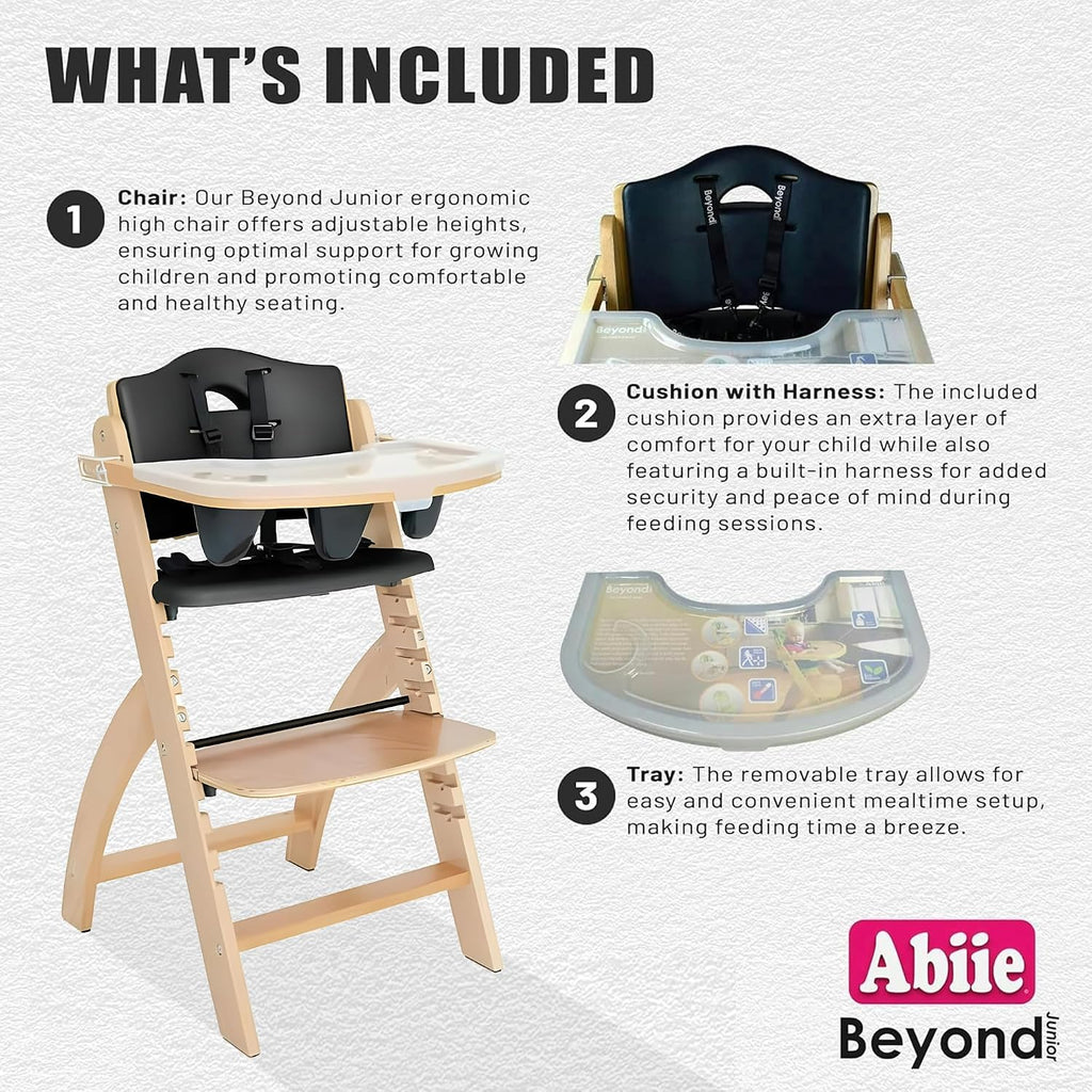 Abiie Beyond Junior Wooden High Chair for Babies and Toddlers - Convertible 3-in-1 Baby Highchair with Removable Tray - 6 Months to 250 Lb - Water Resistant - Natural Wood/Black Pearl Cushion