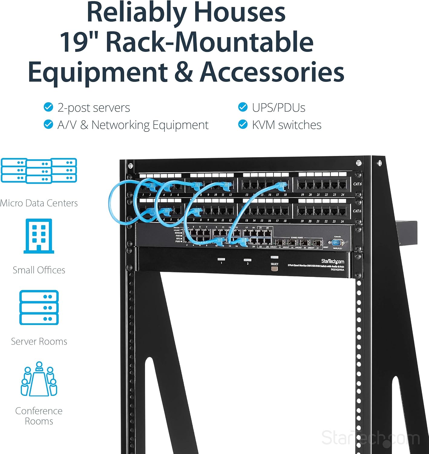 StarTech 16U 2-Post Open Frame Desktop Server Rack, 19in Compact Space-Saving Floor IT Rack with 350lb (160kg) Weight Capacity