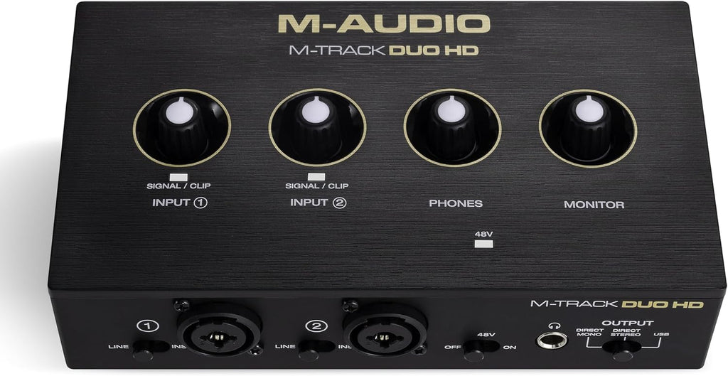 M-AUDIO M-Track Duo HD Audio Interface, M100 Condenser Microphone and HDH41 Studio Monitoring Headphones for Recording, Producers, Content Creators and Podcasters